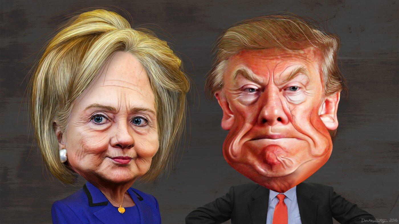 Hillary Clinton ir Donaldo Trumpo karikatūros