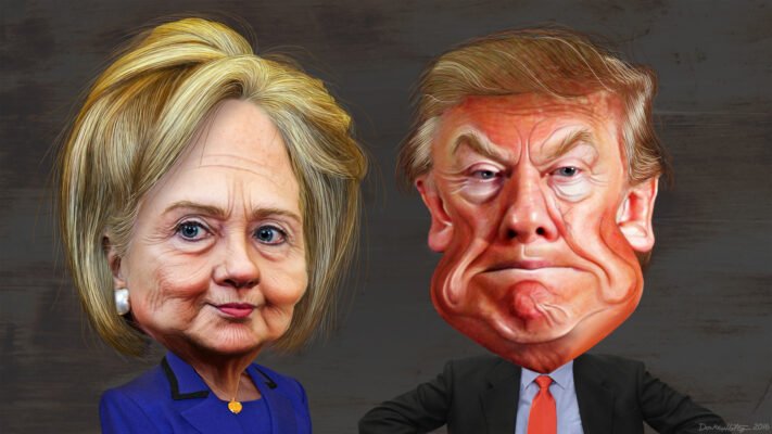 Hillary Clinton ir Donaldo Trumpo karikatūros